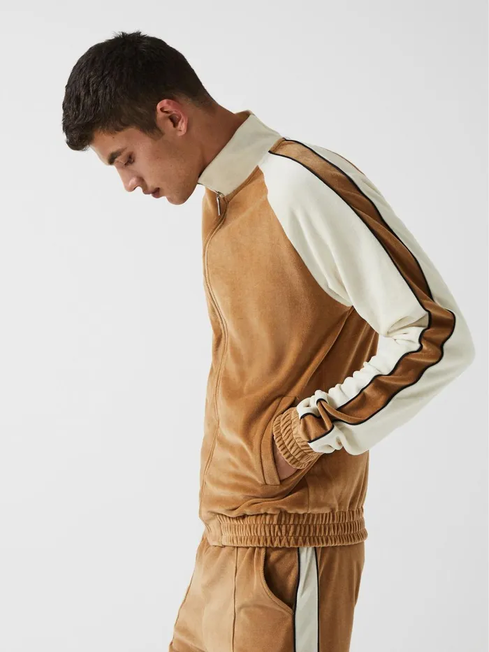 Men Reiss Sweats Hoodies and Joggers Lawrence 8211 Che Velour Contrast Panel Zip Through Jacket Camel