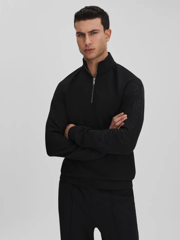 Men Reiss Sweats Hoodies and Joggers Williams Interlock Jersey HalfZip Funnel Neck Jumper Black