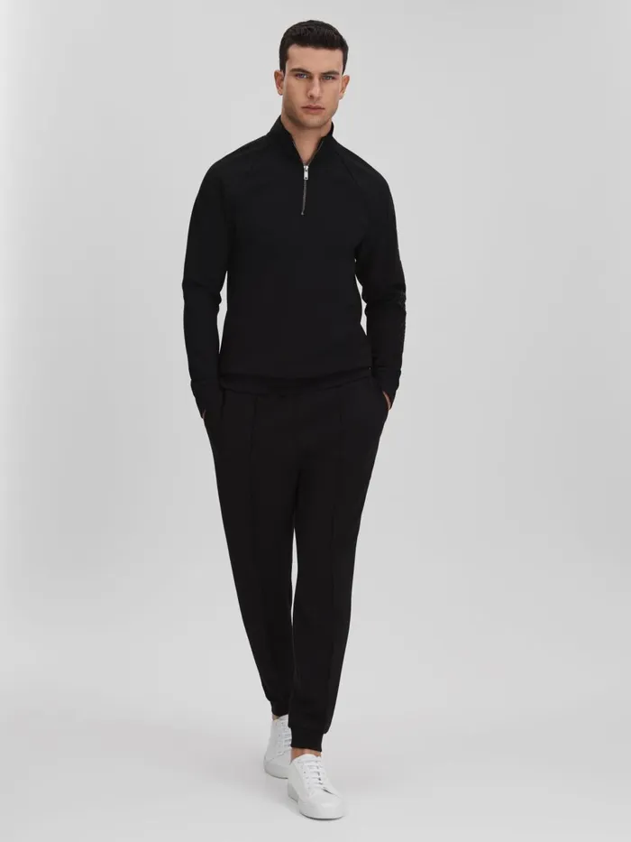 Men Reiss Sweats Hoodies and Joggers Williams Interlock Jersey HalfZip Funnel Neck Jumper Black