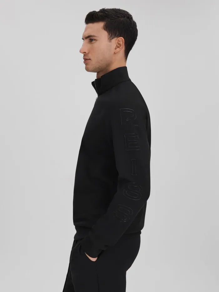 Men Reiss Sweats Hoodies and Joggers Williams Interlock Jersey HalfZip Funnel Neck Jumper Black