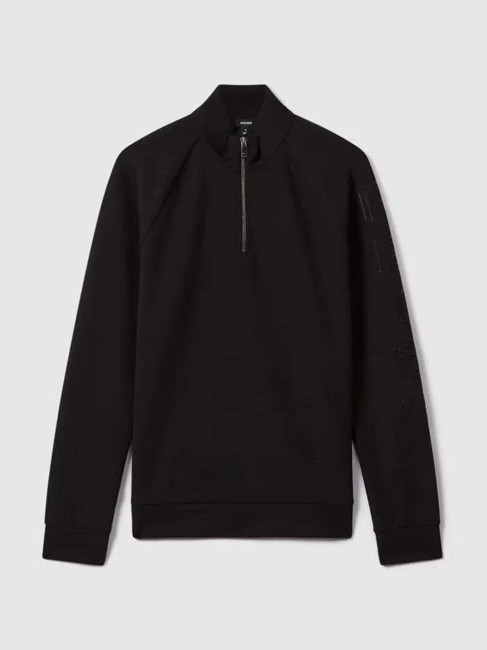 Men Reiss Sweats Hoodies and Joggers Williams Interlock Jersey HalfZip Funnel Neck Jumper Black