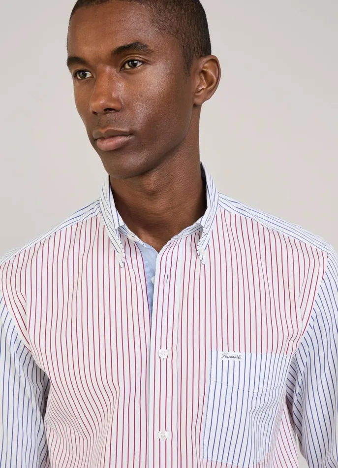 Men Shirts Faonnable Regular Fit Fine Striped Poplin Shirt Poster Red