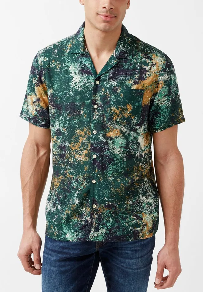 Men Short Sleeves Siman Green Printed Shirt Raw Umber Buffalo David Bitton Shirts