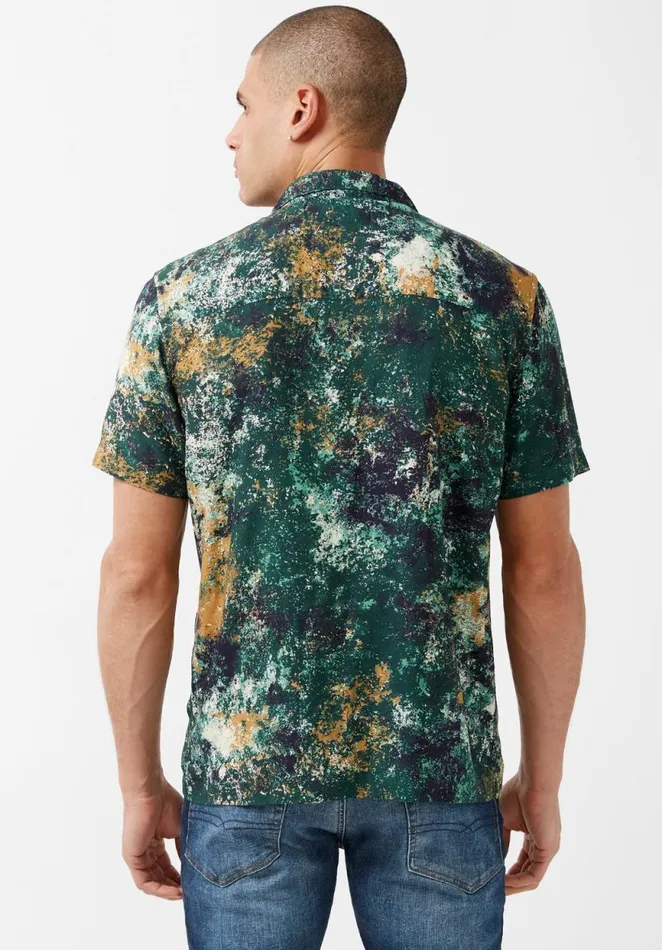 Men Short Sleeves Siman Green Printed Shirt Raw Umber Buffalo David Bitton Shirts