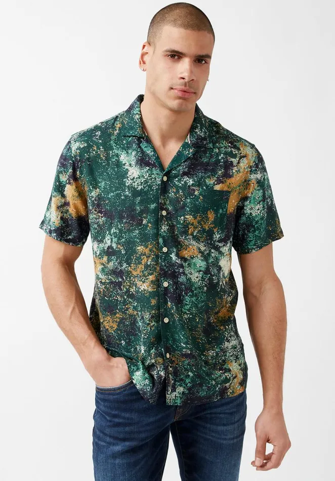 Men Short Sleeves Siman Green Printed Shirt Raw Umber Buffalo David Bitton Shirts