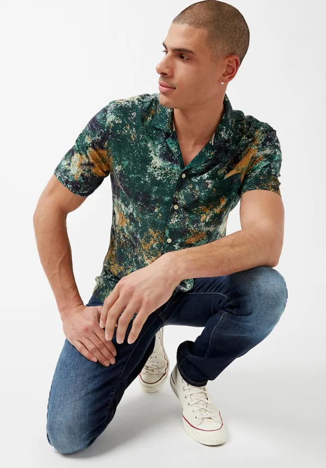 Men Short Sleeves Siman Green Printed Shirt Raw Umber Buffalo David Bitton Shirts