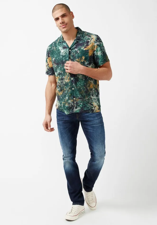 Men Short Sleeves Siman Green Printed Shirt Raw Umber Buffalo David Bitton Shirts