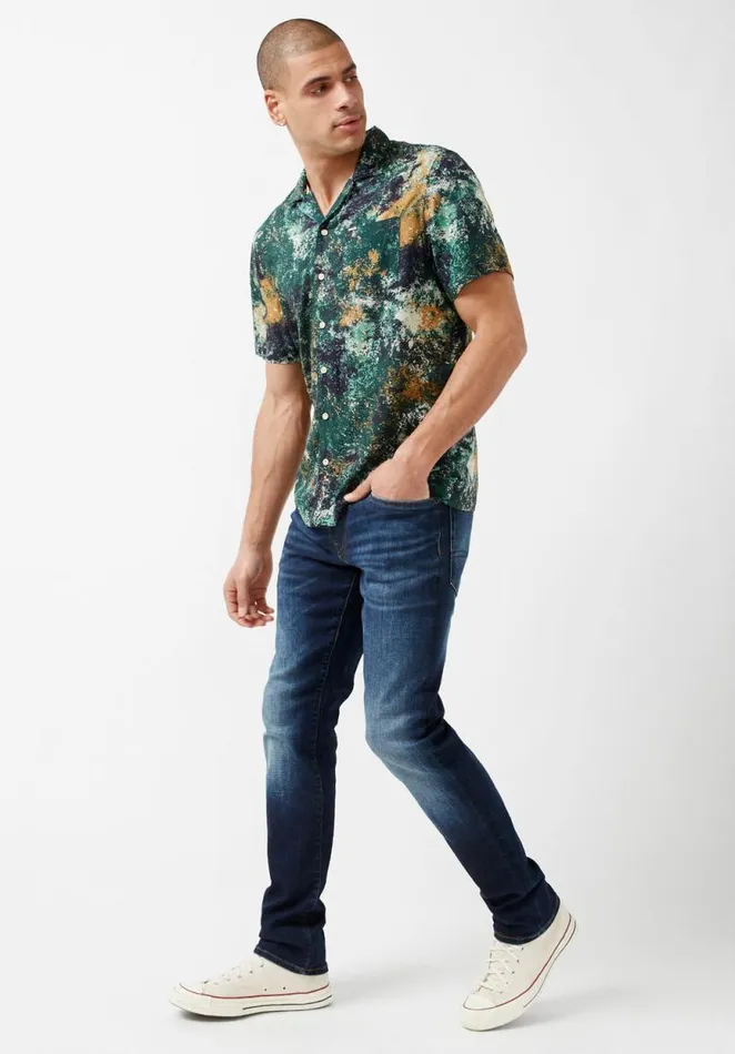 Men Short Sleeves Siman Green Printed Shirt Raw Umber Buffalo David Bitton Shirts