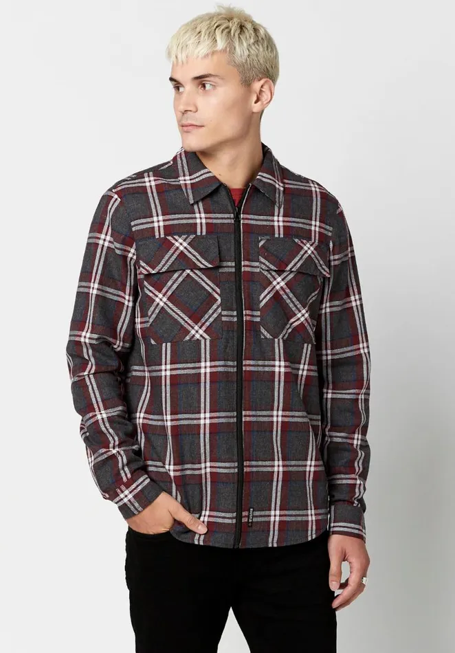 Men Zippered Sobum Flannel Shirt Charcoal Buffalo David Bitton Jackets