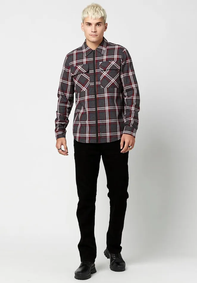 Men Zippered Sobum Flannel Shirt Charcoal Buffalo David Bitton Jackets