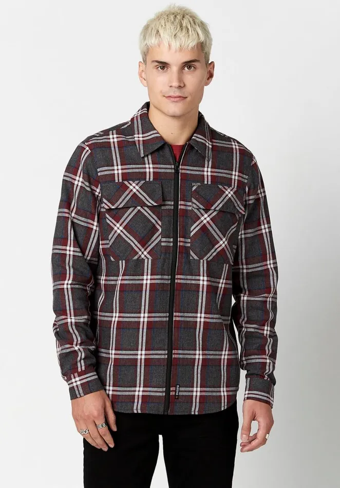 Men Zippered Sobum Flannel Shirt Charcoal Buffalo David Bitton Jackets