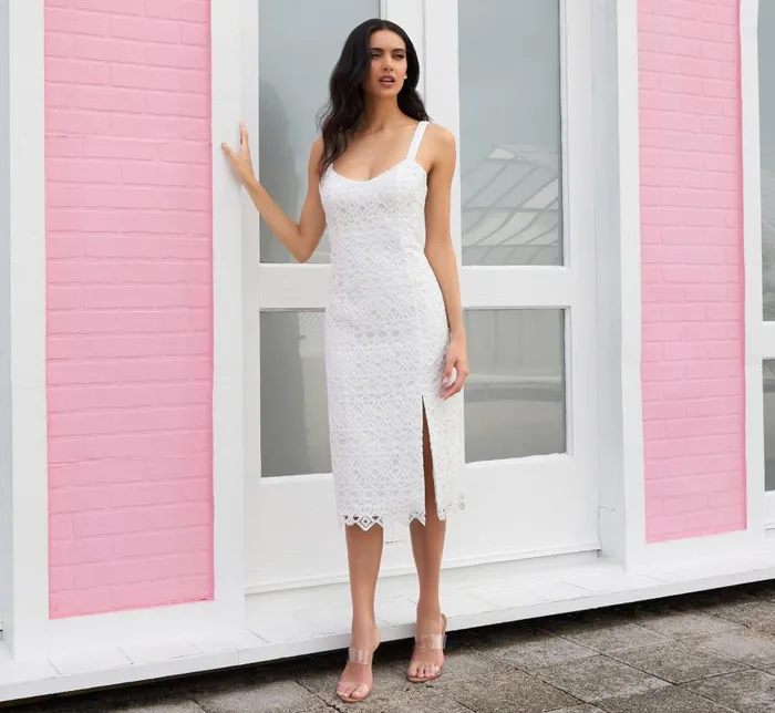 Midi Dresses Womens Adrianna Papell CrochetEmbroidered MidiLength Sheath Cocktail Dress In Ivory