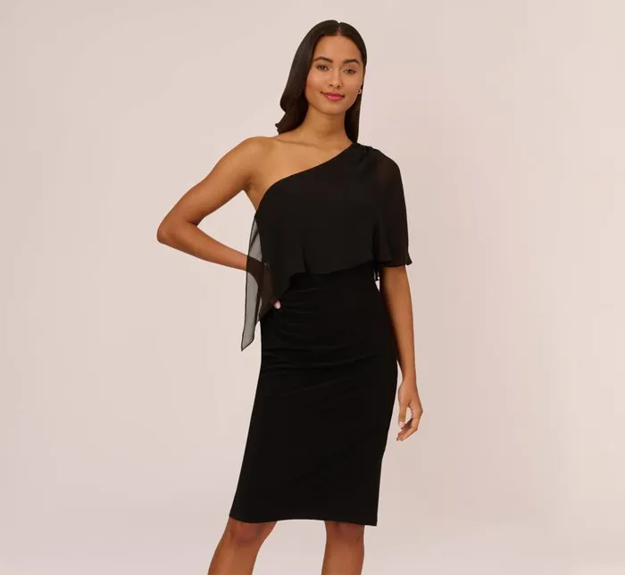 Midi Dresses Womens Adrianna Papell One Shoulder Dress With Chiffon Cape In Black Midi Dresses Womens Adrianna Papell One Shoulder Dress With Chiffon Cape In Black