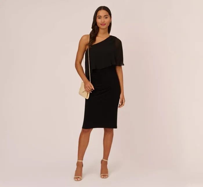 Midi Dresses Womens Adrianna Papell One Shoulder Dress With Chiffon Cape In Black