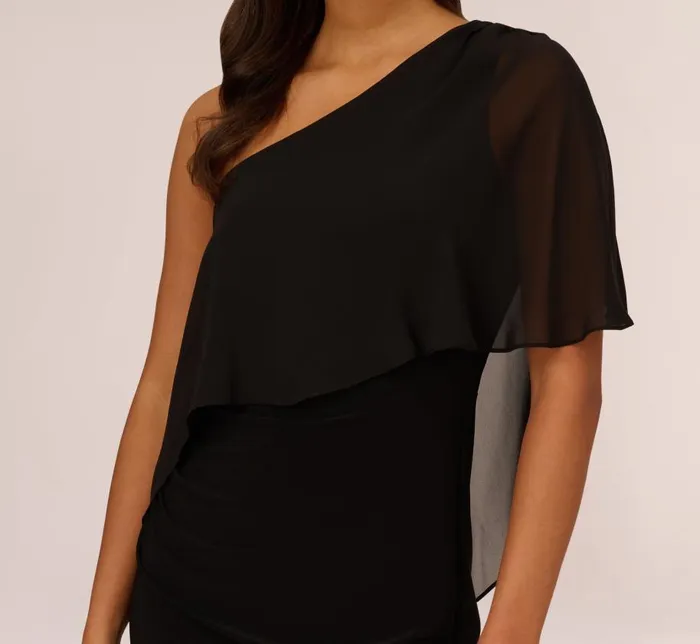 Midi Dresses Womens Adrianna Papell One Shoulder Dress With Chiffon Cape In Black