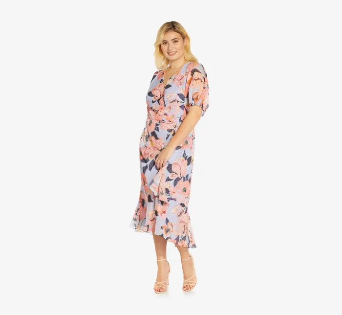 Midi Dresses Womens Adrianna Papell Plus Size FloralPrinted Clip Dot Chiffon MidiLength Cocktail Dress In Opal Coral Multi