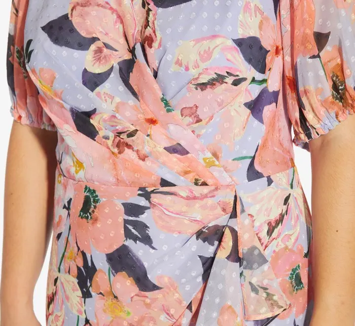 Midi Dresses Womens Adrianna Papell Plus Size FloralPrinted Clip Dot Chiffon MidiLength Cocktail Dress In Opal Coral Multi