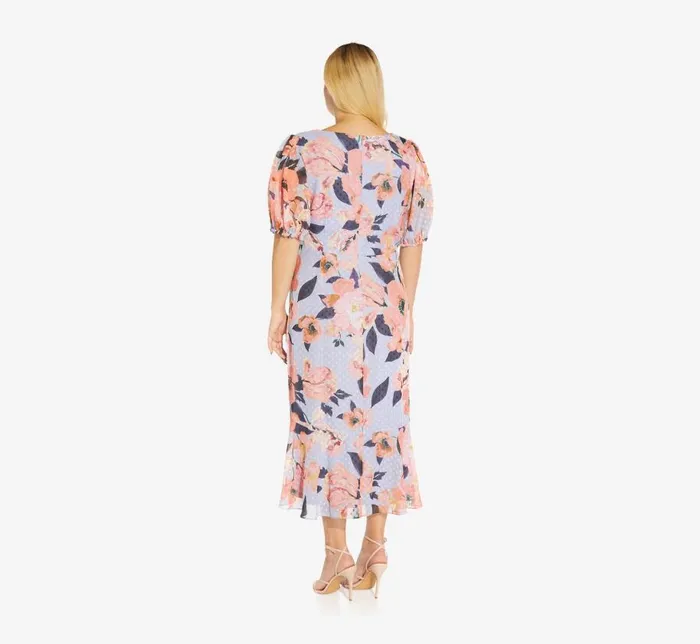 Midi Dresses Womens Adrianna Papell Plus Size FloralPrinted Clip Dot Chiffon MidiLength Cocktail Dress In Opal Coral Multi