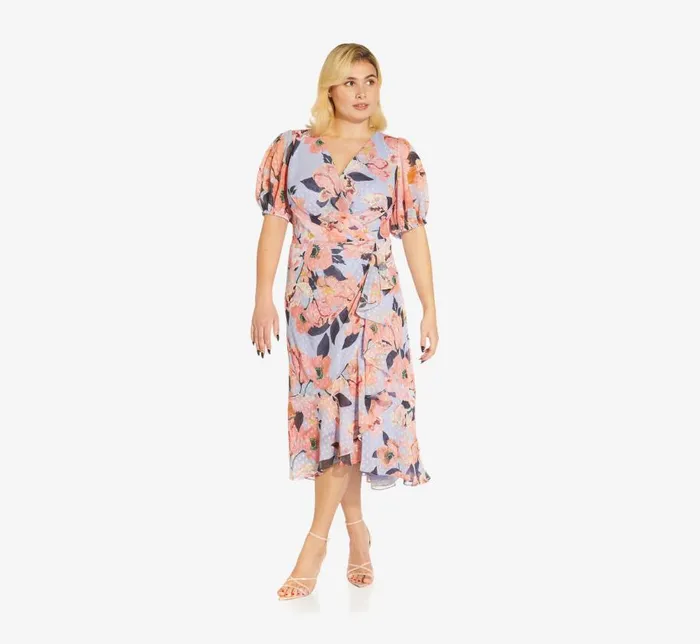 Midi Dresses Womens Adrianna Papell Plus Size FloralPrinted Clip Dot Chiffon MidiLength Cocktail Dress In Opal Coral Multi