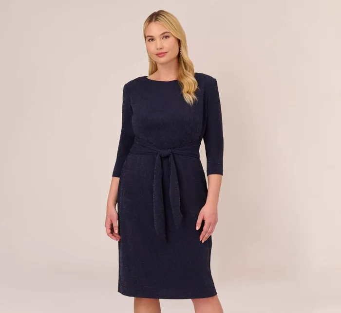 Midi Dresses Womens Adrianna Papell Plus Size Metallic Knit Dress In Light Navy