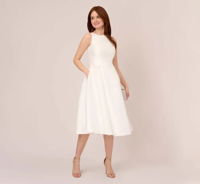 Midi Dresses Womens Adrianna Papell Sleeveless Mikado Fit And Flare Midi Dress With VBack In Ivory