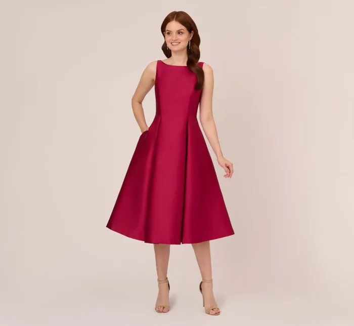Midi Dresses Womens Adrianna Papell Sleeveless Mikado Fit And Flare Midi Dress With VBack In Red Plum