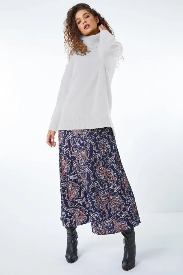 Midnight Blue Paisley Print Elastic Waist Midi Skirt Women Roman Skirts