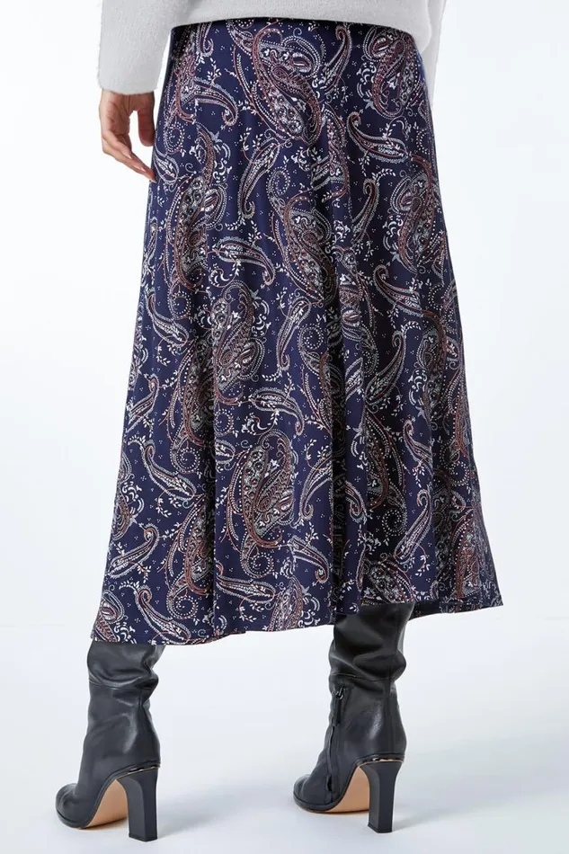 Midnight Blue Paisley Print Elastic Waist Midi Skirt Women Roman Skirts