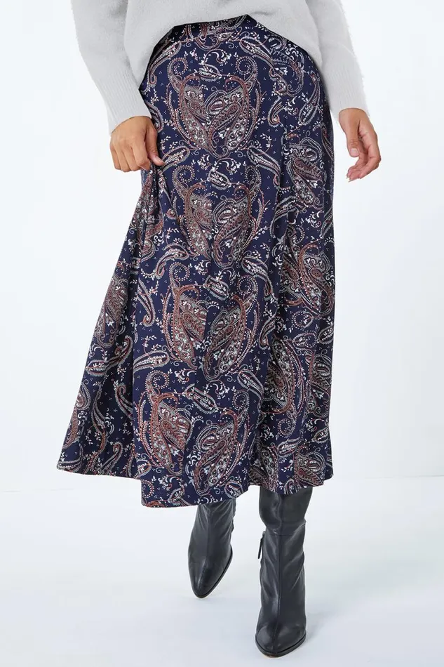Midnight Blue Paisley Print Elastic Waist Midi Skirt Women Roman Skirts