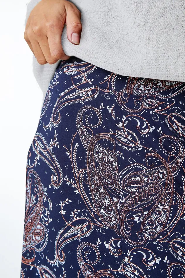 Midnight Blue Paisley Print Elastic Waist Midi Skirt Women Roman Skirts