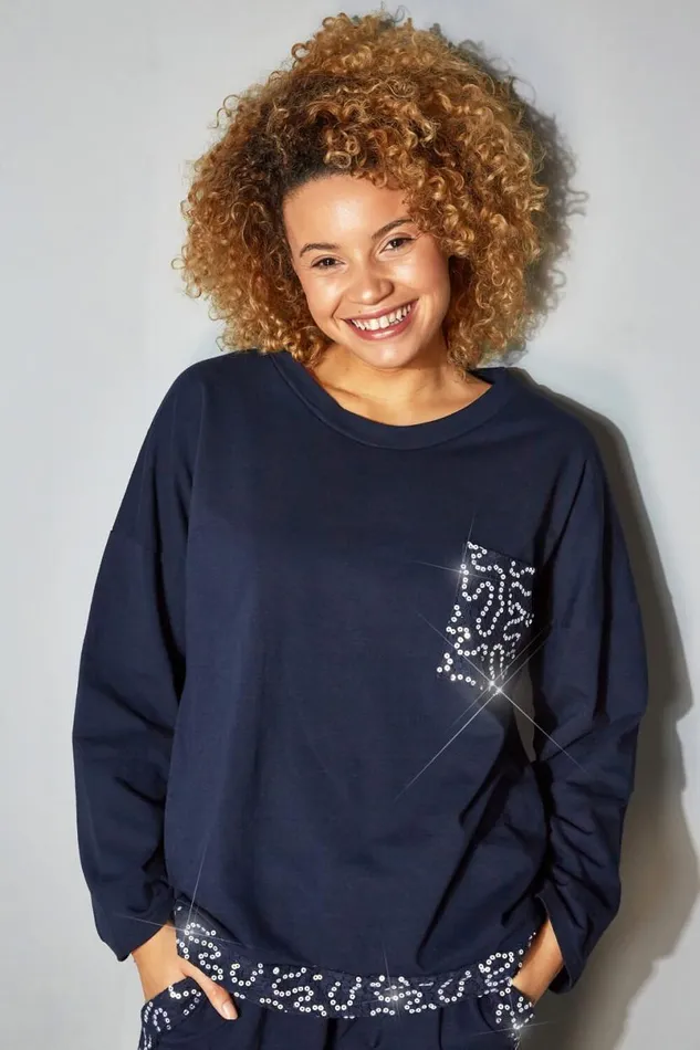 Midnight Blue Sequin Pocket Lounge Top Women Roman Tops