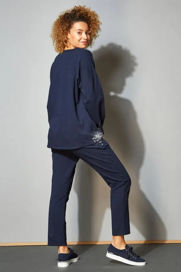 Midnight Blue Sequin Pocket Lounge Top Women Roman Tops