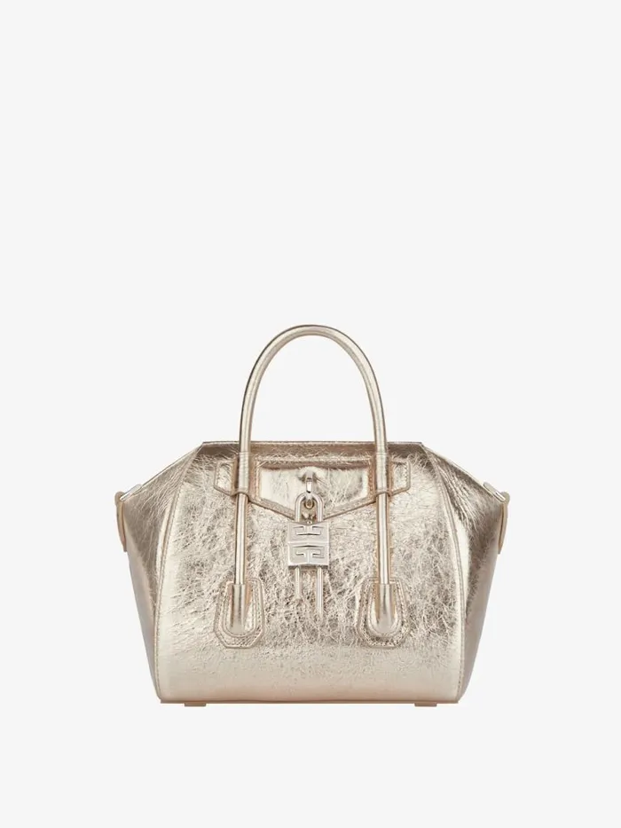 Mini Antigona Lock Bag In Laminated Leather Dusty Golden Women Givenchy Crossbody Bags