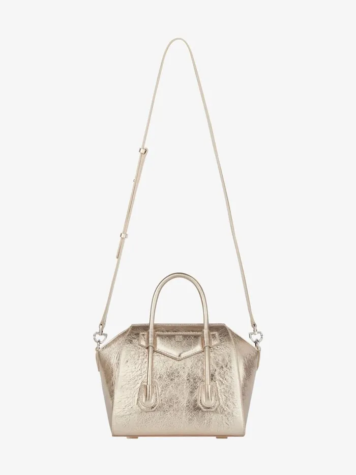 Mini Antigona Lock Bag In Laminated Leather Dusty Golden Women Givenchy Crossbody Bags