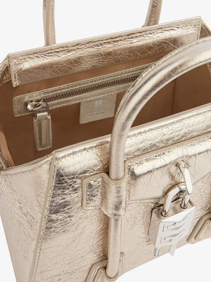 Mini Antigona Lock Bag In Laminated Leather Dusty Golden Women Givenchy Crossbody Bags