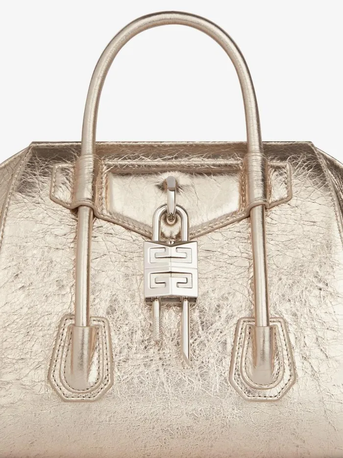 Mini Antigona Lock Bag In Laminated Leather Dusty Golden Women Givenchy Crossbody Bags