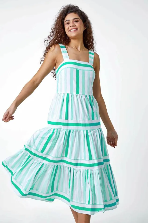 Mint Cotton Stripe Print Tiered Maxi Dress Women Roman Dresses