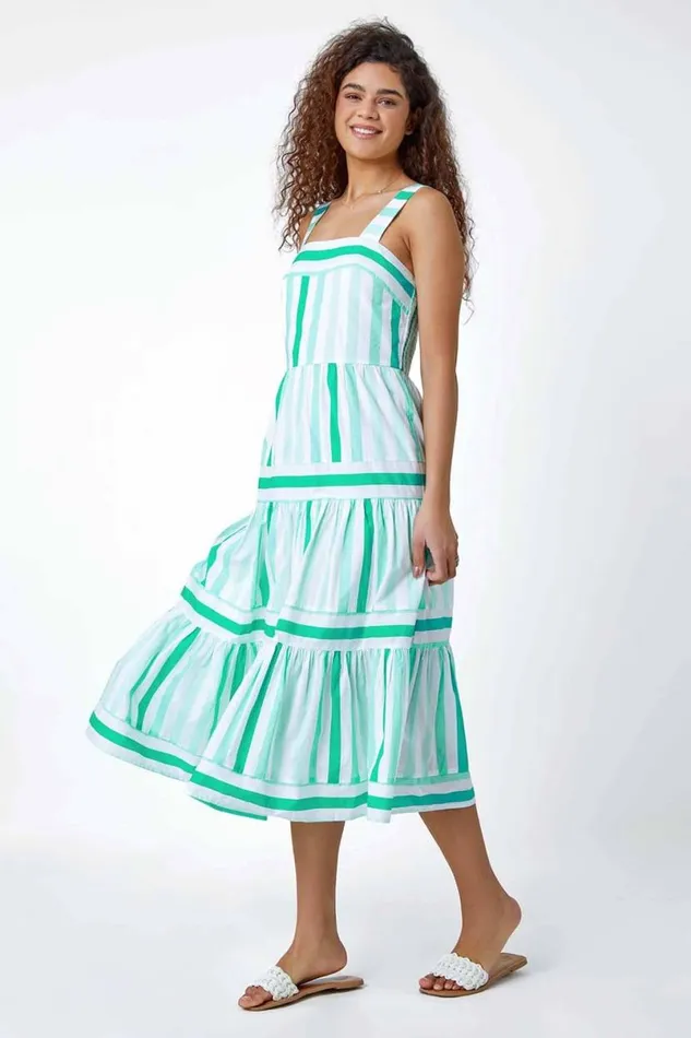Mint Cotton Stripe Print Tiered Maxi Dress Women Roman Dresses