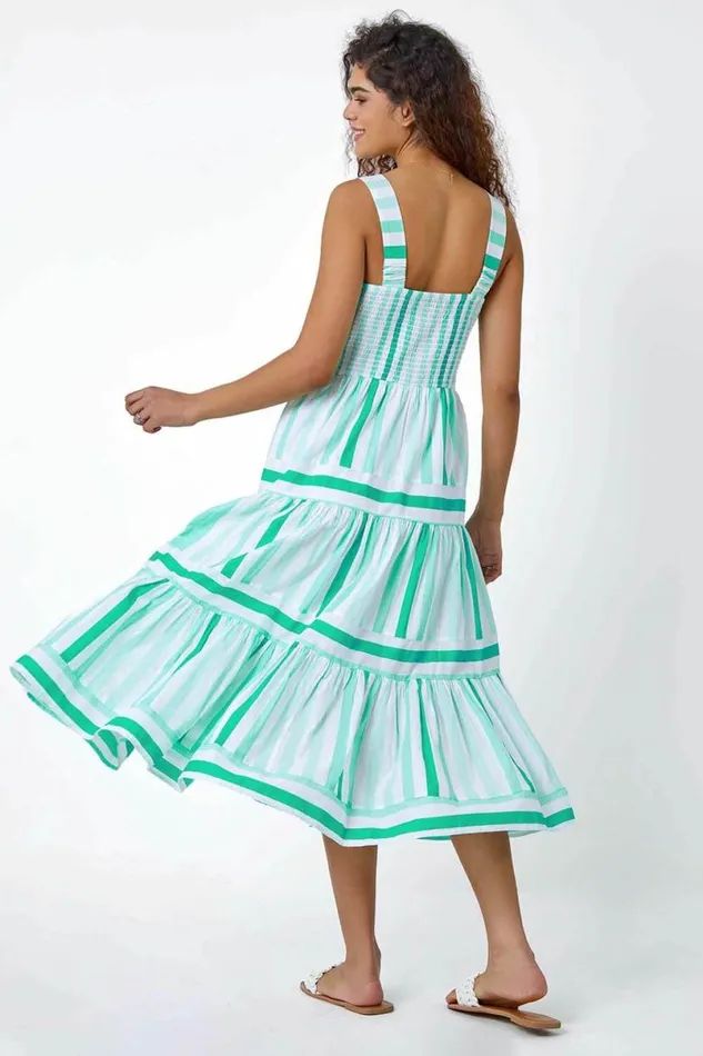 Mint Cotton Stripe Print Tiered Maxi Dress Women Roman Dresses