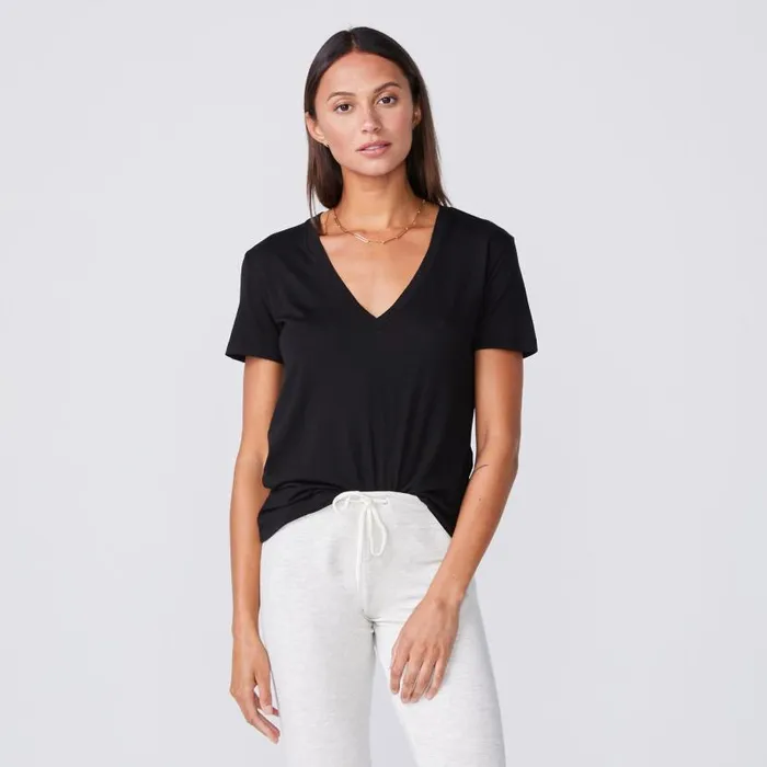 MONROW Tees Cotton Modal Relaxed V Neck Tee 8211 Black Color 8211 Women