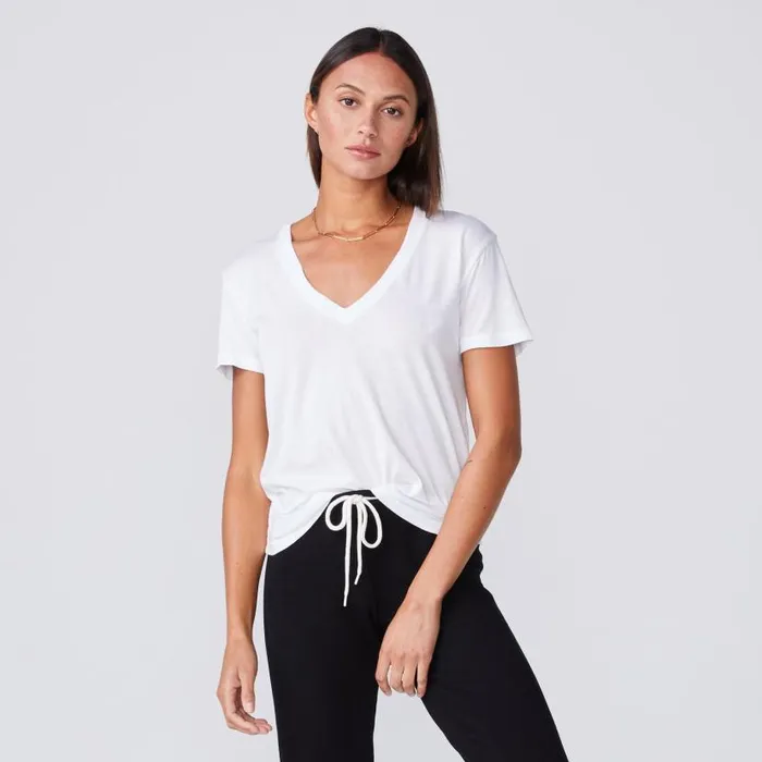 MONROW Tees Cotton Modal Relaxed V Neck Tee 8211 White Color 8211 Women