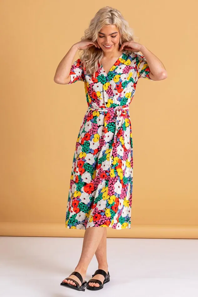 Multi Bold Floral Midi Wrap Dress Women Roman Dresses