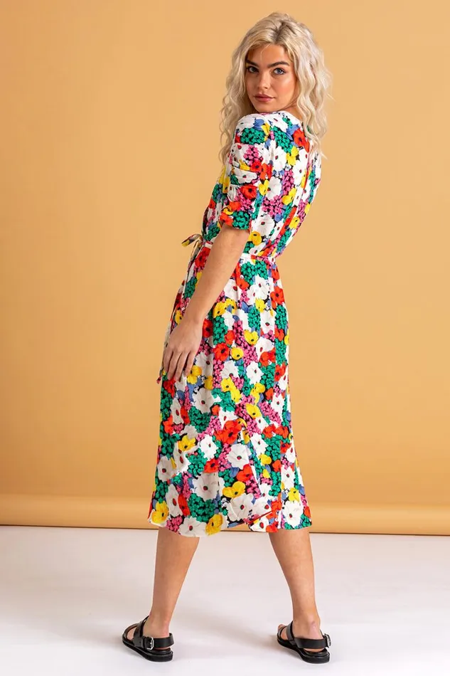 Multi Bold Floral Midi Wrap Dress Women Roman Dresses
