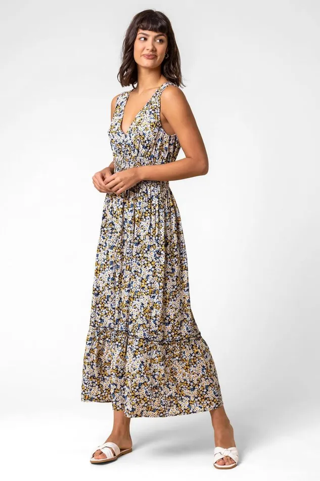 Multi Ditsy Floral Shirred Waist Midi Dress Women Roman Dresses