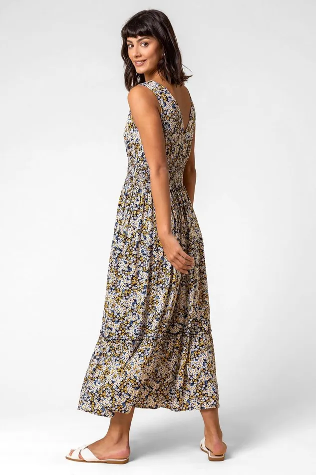 Multi Ditsy Floral Shirred Waist Midi Dress Women Roman Dresses
