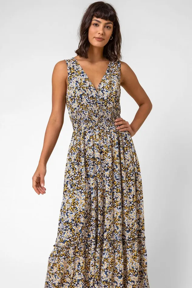 Multi Ditsy Floral Shirred Waist Midi Dress Women Roman Dresses