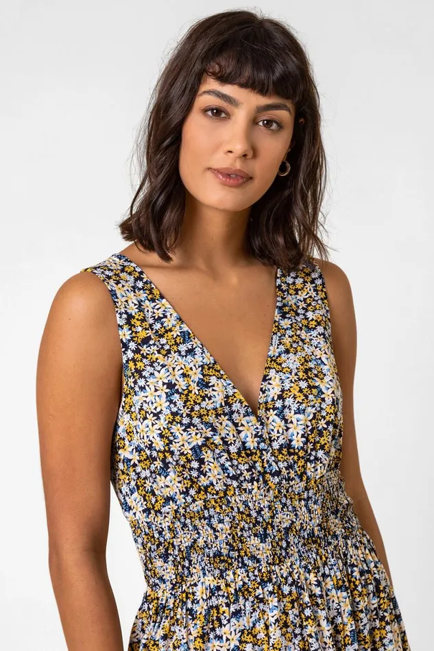 Multi Ditsy Floral Shirred Waist Midi Dress Women Roman Dresses