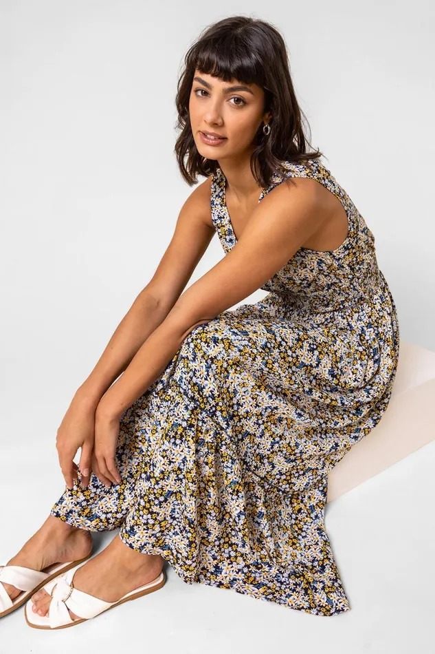 Multi Ditsy Floral Shirred Waist Midi Dress Women Roman Dresses