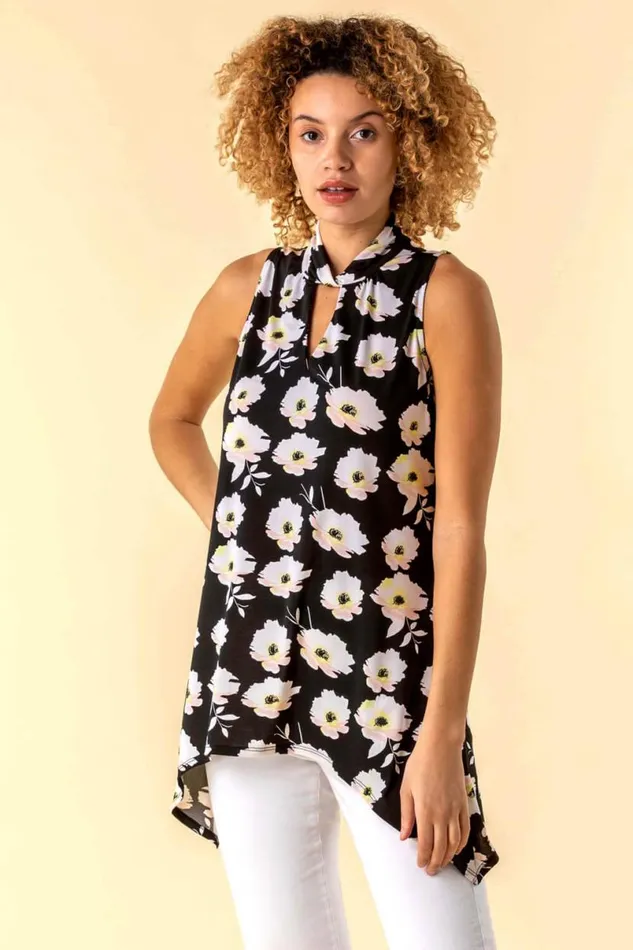 Multi Floral Twist Neck Vest Top Women Roman Tops