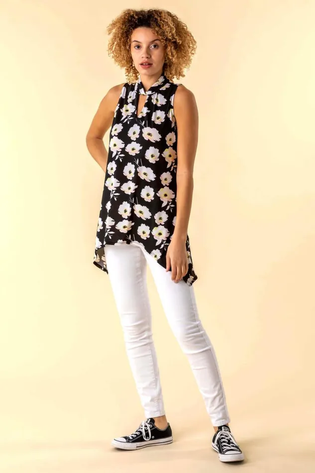 Multi Floral Twist Neck Vest Top Women Roman Tops